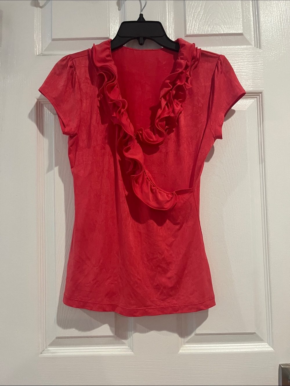 Red Ruffle V-Neck Short Sleeve Blouse